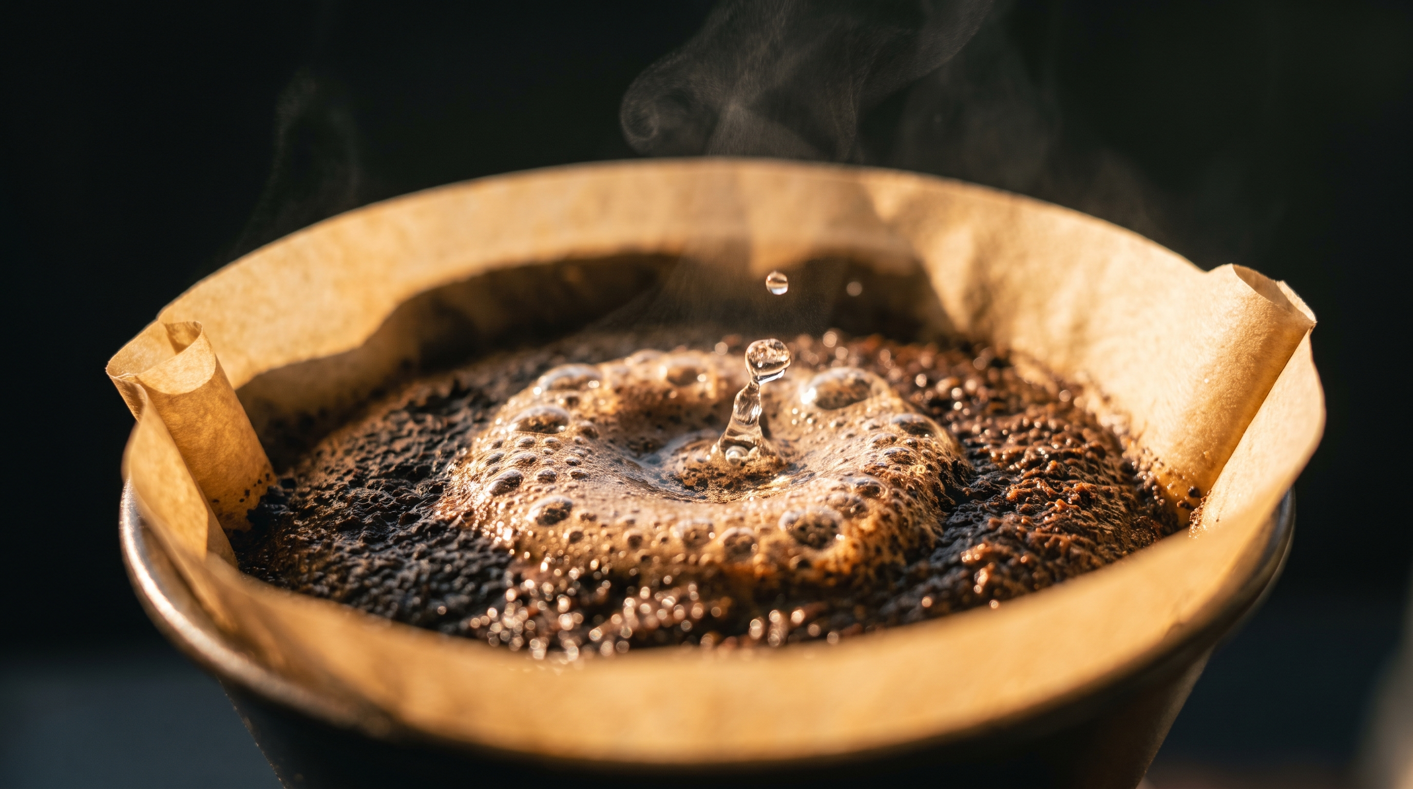 Coffee grounds blooming in a pour-over filter