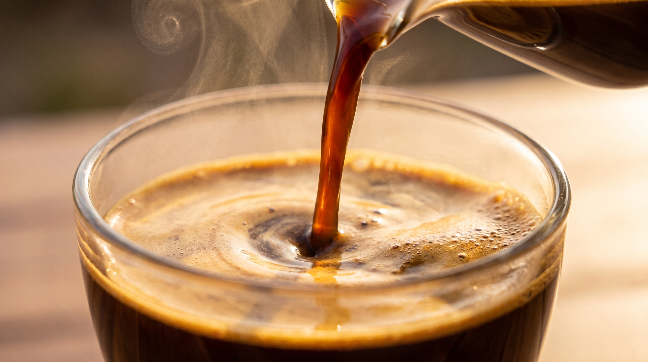Coffee pouring into a glass cup with crema